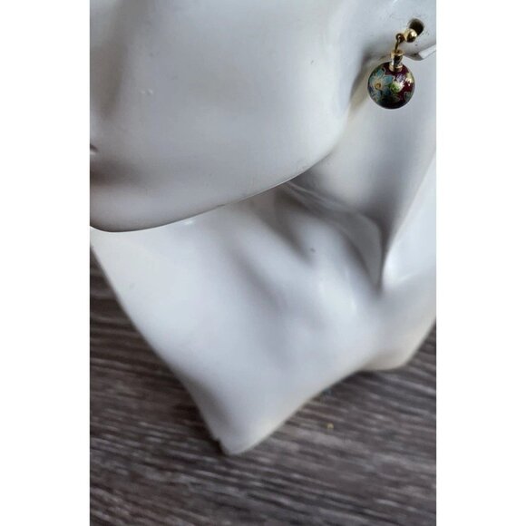 Vintage Cloisonne Earrings Carnelian Earrings Enamel Red White Round Dangle 1” - Picture 6 of 12